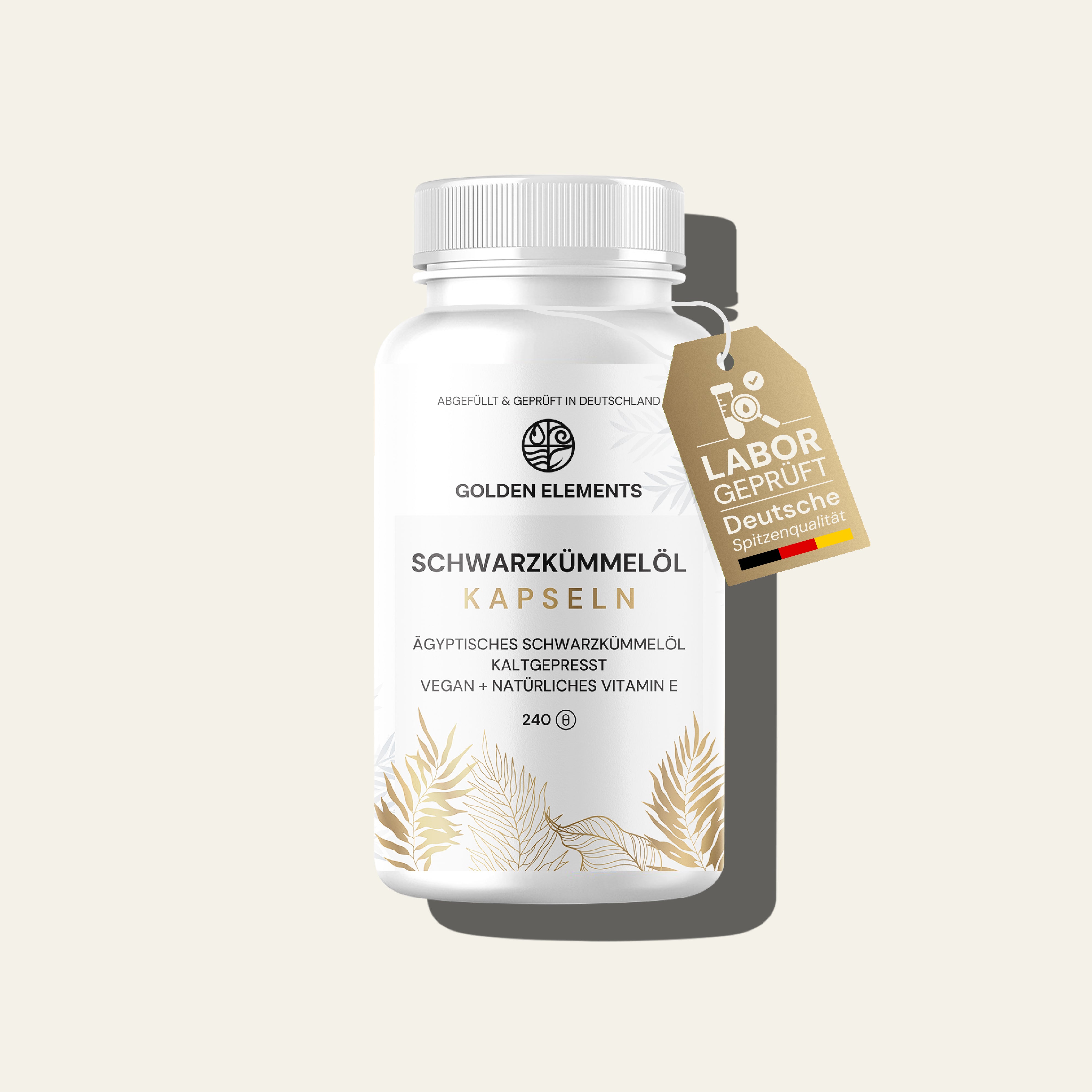 Nahaufnahme der Produktverpackung Golden Elements Schwarzkümmelöl – 240 Kapseln mit ägyptischem Öl und natürlichem Vitamin E